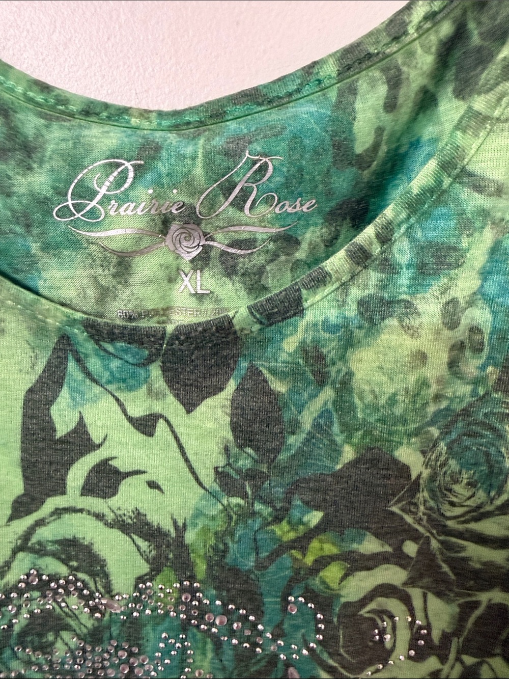 Green Floral Scoop Neck Tank Top with Rhinestone Accent - Picture 2 of 3